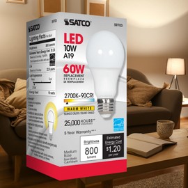 Satco S9703 10W A19 LED Light Bulb, 2700K Warm White, 800 Lumens, 90+ CRI, Frosted, 220° Beam Spread, Medium E26 Base, Dimmable, 120V, 25,000 Hr, Enclosed Fixture Rated, Energy Saving (24 Pack)