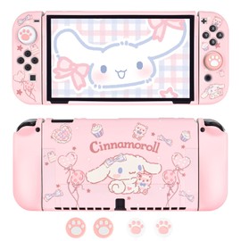 DLseego Cute Dog Switch OLED Protective Case Silicone Soft Cover Shockproof Pink Skin Joy Con Shell with 4PC Cat Claw Thumb Grips Caps
