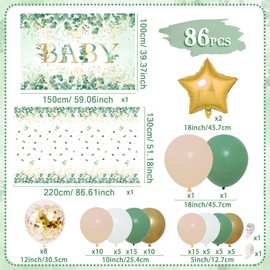 Green Gold Baby Shower Decorations Set, Baby Shower Balloons with Green Gold White Balloons, Green BABY Backdrop and Tablecloth, Party Supplies for Kids Birthday Decorations, Baby Shower Toddler