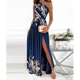 ECDAHICC Women's Sexy One Shoulder Cutout Pleated Maxi Dress Sleeveless High Slit Formal Evening Party Bridesmaid Dresses(ZQ2,M)