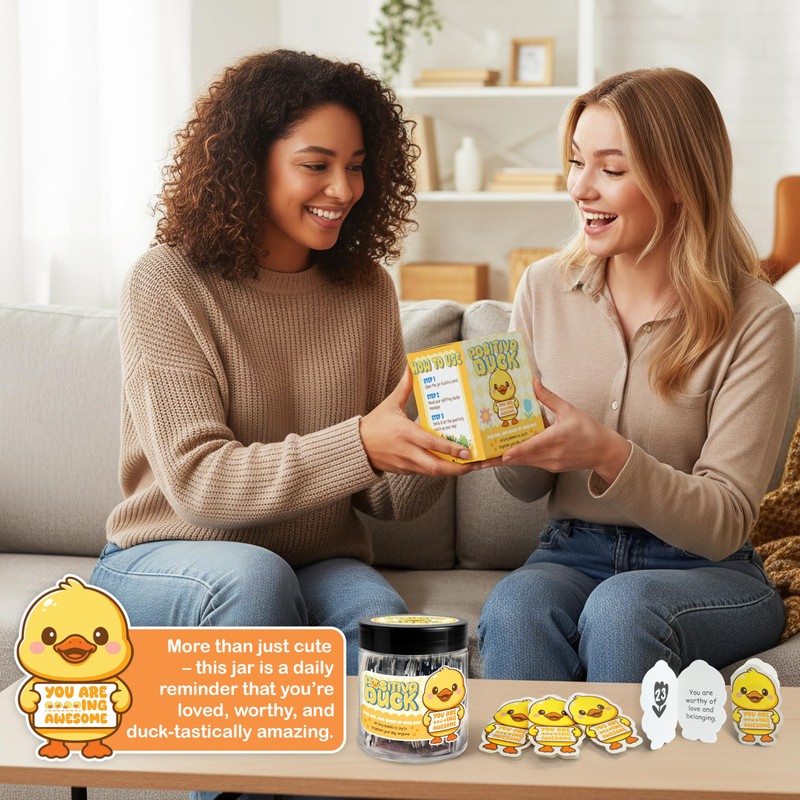 Tarro de pato positivo con 60 tarjetas de afirmación, pato