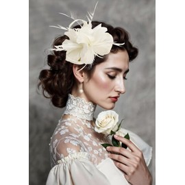 Z&X Women Feather Flower Fascinator Hat with Hair Clip Brooch for Cocktail Wedding, B- Beige, One Size