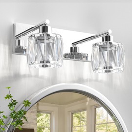 VOLISUN Crystal Vanity Lights for Bathroom, 2 Light Bathroom Vanity Light, Modern Stainless Steel Bathroom Light Over Mirror, Chrome Bathroom Light Fixtures-UL Certificated(Exclude Bulb)