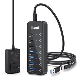 Powered USB Hub, ikuai 7-Port USB 3.2 / USB C Hub, with 3 10Gbps Data Ports (2 USB-C + 1 USB-A) and 4 USB A 3.0 Ports for PC Laptops