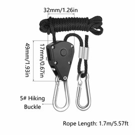 2 Pack Ratchet Hanger, Adjustable Ratchet Hanger Rope, 1/8 Inch, Heavy Duty Pulley Clip for Grow Light Hangers and Tent Hangers, Load Capacity 68kg/150lbs