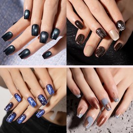 Press On Nails Short -Acrylic Nail Kit with Nail Tips Silver Glitter Rhinestones Design Glossy Black Press On Nails Blue French Tip Press On NailsValentine Nails(M)