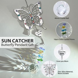 VIVIKEN Butterfly Suncatcher with The Tag of I Love You Mom Mother’s Day Butterfly Rainbow Maker Window Decor Wind Chime Crystal Ball Ornament Sun Catcher Gifts to Mom for Birthday Christmas