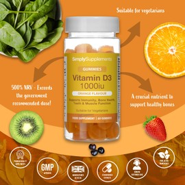 Vitamin D Gummies | 25mcg / 1000iu of Vitamin D3 | One a Day Supplement | Orange Flavour | 60 Gummies