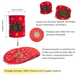 Aiminjey 10PCS 2024 Chinese Lunar New Year Red Lucky Fu Paper Lanterns Decoration, 6.3inch Hanging Asia Red Paper Lamps for Midddle Autumn Festival Party, Birthday Wedding Lanterns Decor Kit