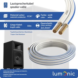 Lumonic Speaker Cable | 10 m White | 2 x 1.5 mm² CCA | Blue Marking HiFi Speaker Cable | Audio Twin Cable