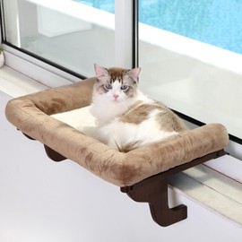 Zakkart Cat Perch for Window Sill with Bolster - Orthopedic Hammock Design with Premium Hardwood & Robust Metal Frame - Cat Window Seat for Large Cats and Kittens - Dark Stained Wood Brown Bed, 24''W