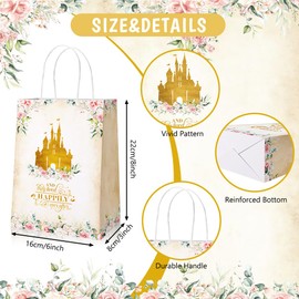 AIBIIN 24 Pcs Once Upon a Time Party Favor Bags, Pink Floral Gold Castle Princess Fairytale Birthday Party Bags Girls First Birthday Treat Bags with Handles Candy Goodie Bags for Girls Birthday Party Supplies