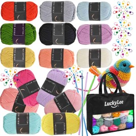Crochet Yarn Balls(15X50g, 4-Ply), Multicoloured Knitting Wool Yarn with Carry Bag, Aluminum Crochet Hooks Stitch Markers, Acrylic Yarn for DIY Craft