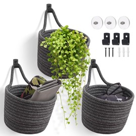 Fabric Wall Hanging Baskets - 3Pack Woven Pouchs Boho Style Wall Mounted Bag with Adhesive Hooks, Storage Organizers and Decoration Pocket Caddy Bins on Door Rack (Dark Gray & Black, Large)