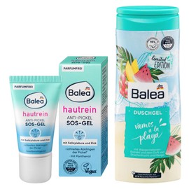 Balea Set of 2 Skin Care: Anti-Pimple SOS Gel Skin Against Pimple-Causing Bacteria with Salicylic Acid, Zinc, Skin Soothing Properties (15 ml) + Shower Gel VAMOS A LA PLAYA (300 ml), 315 ml