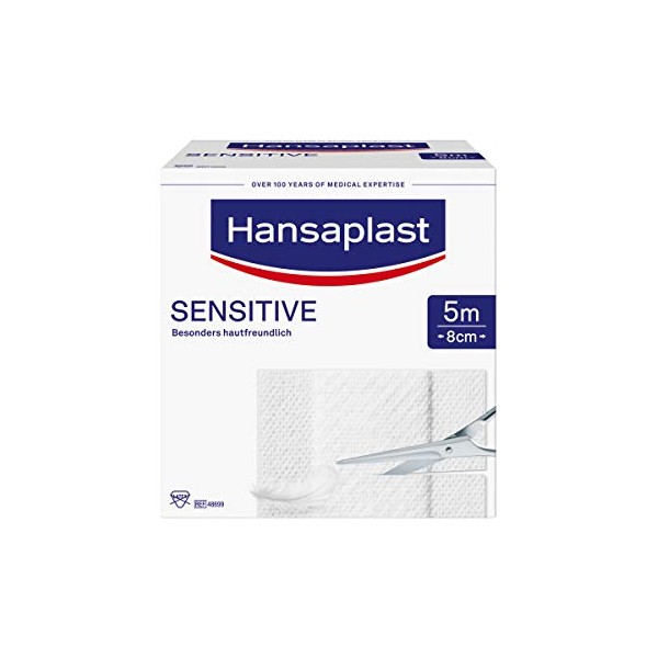Hansaplast Sensitive Pflaster (5 m x 8 cm), zuschneidbare und hautfreundliche Wundpflaster mit sicherer Klebkraft, schmerzlos zu entfernende Pflaster