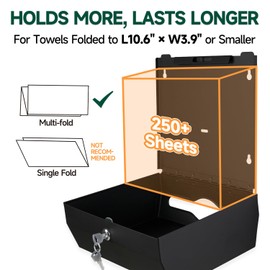 anydry Wall Mount Paper Towel Dispenser 250-Sheet Capacity Matte Black Stainless Steel Lockable Fits Multifold/Z-Fold Towels (Folded Size ≤ 10.6" x 3.9")