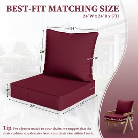 Kimunuk Outdoor Seat Cushion Set 24 L X 24 W X 5 H Inch Waterproof & Fade Resistant Patio Furniture Cushions with Removable Cover with Non-Slip Pads and Straps for Sofa Chairs, Chairs