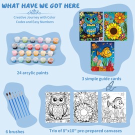 Kids Paint By Number Kits Age 8-12, 3 Pack 8x10 Inch Framed Canvas With 24 Acrylic Paint Pots, 6 Brushes For Kid, Painting Kits For Kids, Crafty By Numbers With Paint, 6-10 Year Old Girl Birthday Gift