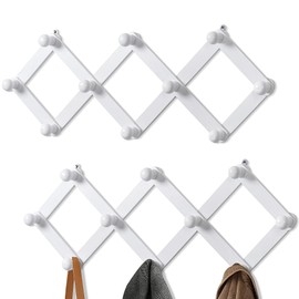 TRSPCWR 2 Pack Accordion Wall Hanger, Expandable Coat Rack Wall Mounted, Wood Hat Hanger for Hanging Coat, Hats, Caps, Mugs, 10 Peg, White