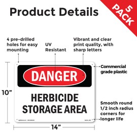 Herbicide Storage Area OSHA Danger Rigid Plastic Sign 14 Inch x 10 Inch - 5 Pack