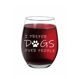 Jogskeor Dog Lover Gifts, I Prefer Dogs Over People Wine Glass 15oz, Mother's Day Birthday Christmas Gifts for Women Dog Mom