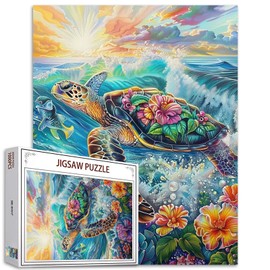 1000 Piece Jigsaw Puzzles for Adults Graffitic Sea Turtle Painting Jigsaw Puzzle Animal with Tropical Flowers Puzzles for Challenging Family Activity Game Seascape Art DIY Puzzle Decor Gifts(White)