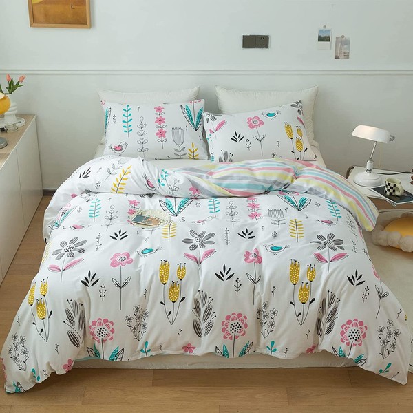 EAVD Floral Bird Pattern Duvet Cover Queen Soft 100% Cotton Spring Blossom Colorful Botanical Bedding Set for Girls Women Garden Style Floral Comforter Cover with Zipper Closure
