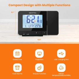 Smartro Digital Projection Alarm Clock For Bedrooms With Indoor Thermo