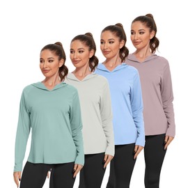 Kinglaman 4 Pack Women's Sun Protection Hoodie UPF SPF Long Sleeve Hiking Fishing Athletic Shirts Lightweight Rash Guards 1 Dark Pink 1 Blue 1 Ash Grey 1 Green XX-Large