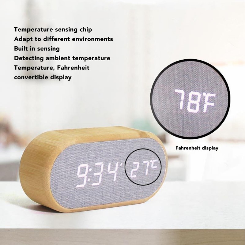 Wooden Alarm Clock Digital Voice Control LED Glowing USB Plug