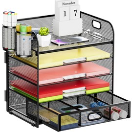 Lavatino 5 Tier Paper Organizer for Desk, Letter Tray with Drawer and 2 Pen Holders, Mesh File Sorter, Desktop Document Shelf Storage Organization Office School Home Black With Drawer