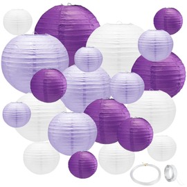 21Pcs Purple White Paper Lanterns,4"6"8"10"12" Hanging Round Paper Lanterns Decorative with Tape and String for Bachelorette Wedding Birthday Party Decorations(Purple Lavender White 21pack)