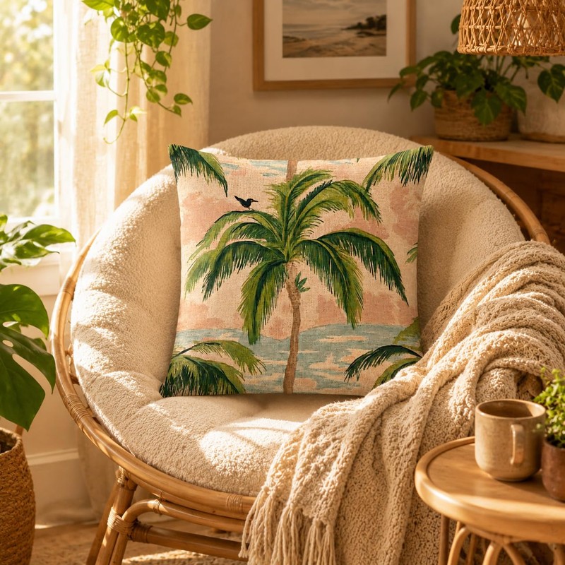 Retro Palm Tree Throw Pillow Cover 24x24 Inch Tropical Cushion