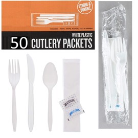 50 Plastic Cutlery Packets - Knife Fork Spoon Napkin Salt Pepper Sets | White Plastic Silverware Sets Individually Wrapped Cutlery Kits, Bulk Plastic Utensil Cutlery Set Disposable To Go Silverware