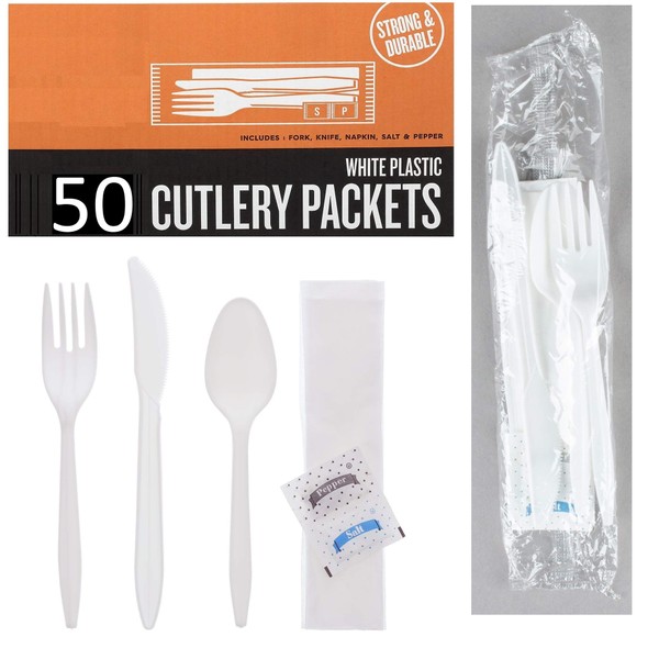 50 Plastic Cutlery Packets - Knife Fork Spoon Napkin Salt Pepper Sets | White Plastic Silverware Sets Individually Wrapped Cutlery Kits, Bulk Plastic Utensil Cutlery Set Disposable To Go Silverware