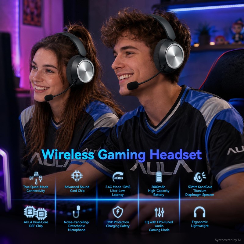 Wireless Gaming Headset with Mic Over Ear Headphones Noise Cancelling