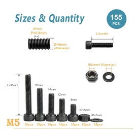 Screw and nut Set,Bolts and Nuts Set kit,nut and Bolt Assortment kit M3/M4/M5/M6 Slotted Pan Head Hex Bolts and Nuts Sets (155pcs, M5)