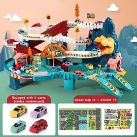TTZZ Dinosaur Race Track Play Set - Full Size Dinosaur Hill Car Ramp Track  Kids Adventure Toys Age 3+ - Color: The parking lot is white on the sixth floor