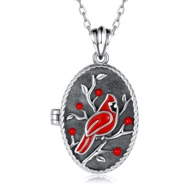 APOTIE Silver Vintage Locket Necklace for Photo Tree of Life Cardinal Keepsake Holds Pictures Memorial Pendant Jewelry for Women (Cardinal)