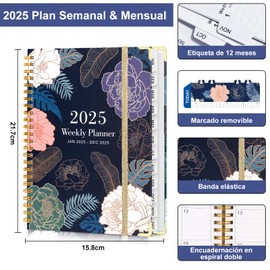 Agenda 2025, Organizador Diario, Semanal y Mensual,Pasta Dura con Espiral con Bonito Marcapáginas Cuaderno, Tamaño A5 (217 * 158mm) Perfecto para Escuela,Oficina y Hogar