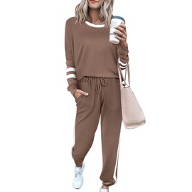 PRETTYGARDEN Women Fall 2 Piece Lounge Outfit Long Sleeve Tops High Waisted Jogger Pants Set Spring Travel Clothes Tracksuit (Striped Dark Khaki,Large)