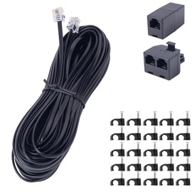 ZTOXLR Phone Extension Cord 50FT Long Phone Cable Line Wire, with Standard RJ11 Plug andIncludes Telephone Inline Coupler RJ11 Splitter and 25Cable Clip Holders, Black