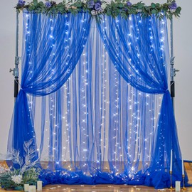 Royal Blue Backdrop Curtains with Lights String for Parites Wedding 10×8ft Sheer Tulle Backdrop Curtain for Graduation Ceremony Baby Shower Birthday Party Prom Photo Shoot Background Decorations
