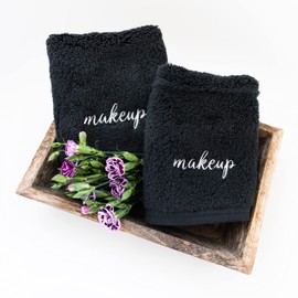 Laguna Beach Textile Co. Plush Zero Twist Supima Cotton Makeup Towels - Pack of 2-730 GSM - 12" x 12" (Black - Makeup Text)