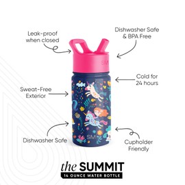 Simple Modern Kids Summit Water Bottle with Straw Lid | 14oz Stainless Steel Cup Insulated Tumbler Tumbler for Girls, School | Unicorn Rainbows