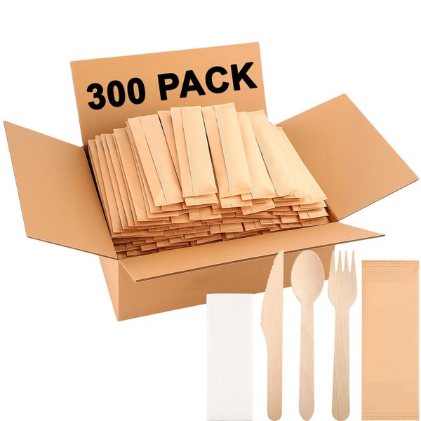 LemonRoad 300 Pack Wooden Cutlery Set Bulk Disposable Individually Wrapped