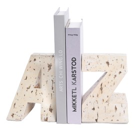 Kakizzy Book Ends for Shelves, Modern AZ Style Letter Bookends Decorative, Resin Book Holder Stopper for Home Office Desk Bookshelf Decoration, Rustic Marble Look, 2 Piece Set, Unique Book Lover Gift