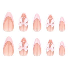 Bow Press on Nails Medium Almond Fake Nails French Tip False Nails with Designs 3D Bow Cute Acrylic Glossy Full Cover Glue on Nails Pink French Artificial Stick on Nails for Women Manicure 24 Pcs