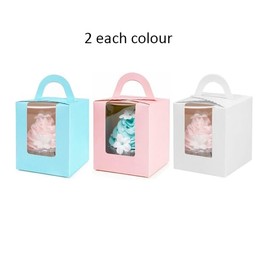 Selecto Bake 6 Pcs Paper Cupcakes Boxes, Portable Single Cupcake Gift Boxes with Window Inserts Handle for Wedding Candy Boxes (Blue, Pink, White)